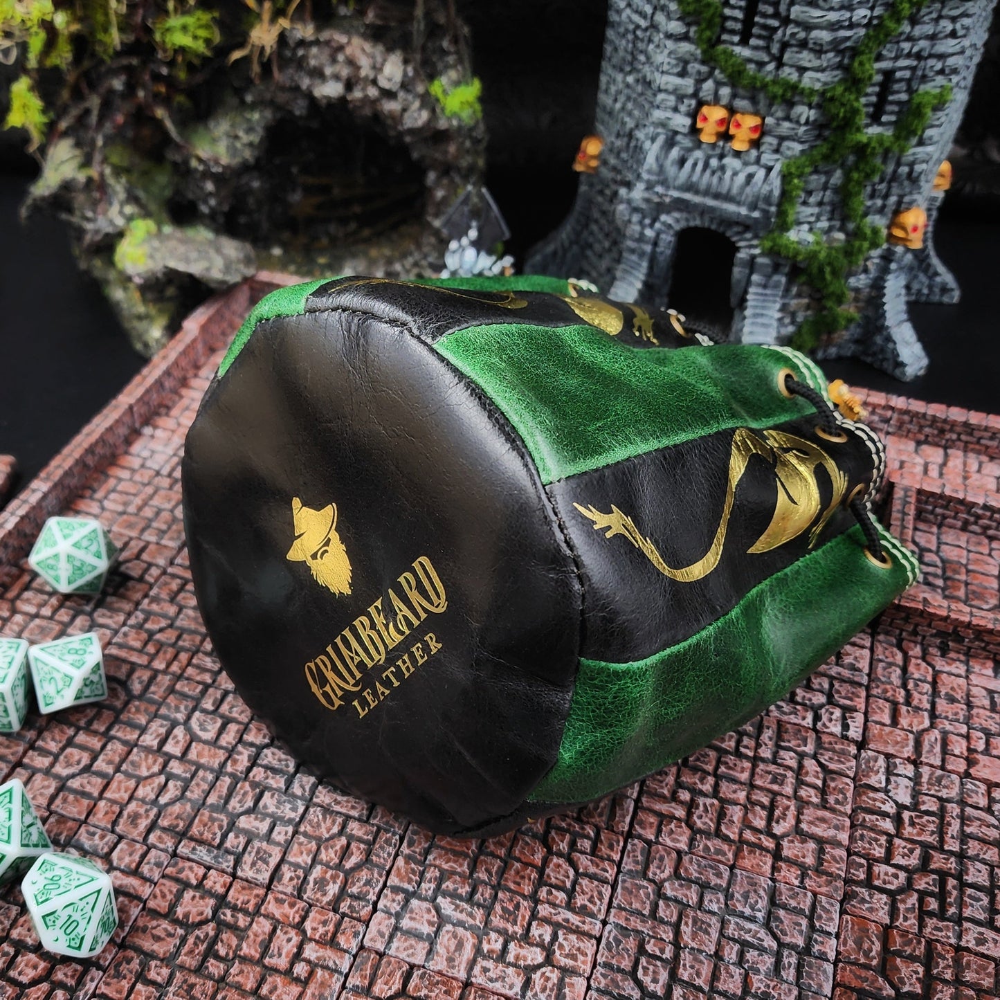 Dragon Standing Round Leather Dice Bag for D&D and TTRPG
