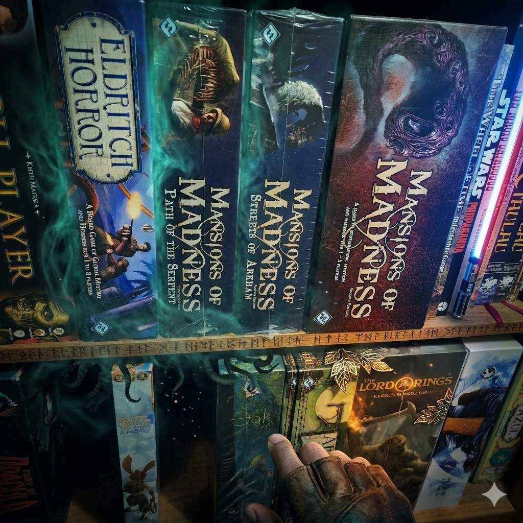 Selection of vintage and modern board game boxes stacked together.