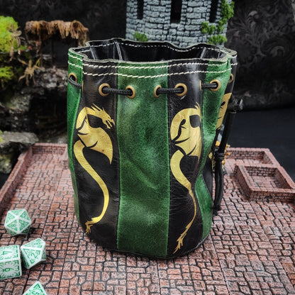 Dragon Standing Round Leather Dice Bag for D&D and TTRPG