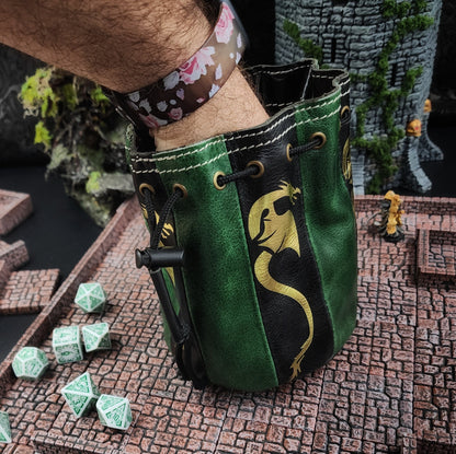 Dragon Standing Round Leather Dice Bag for D&D and TTRPG