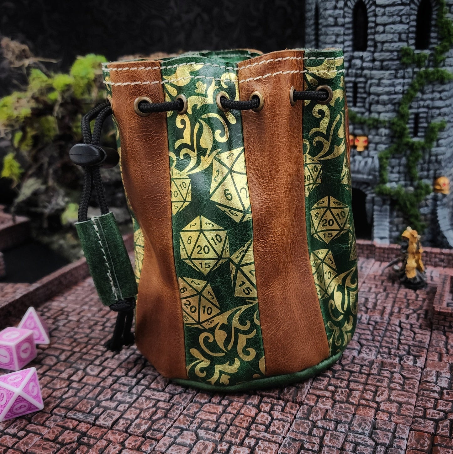 D20 Pattern Standing Round Leather Dice Bag for D&D and TTRPG