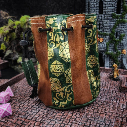 D20 Pattern Standing Round Leather Dice Bag for D&D and TTRPG
