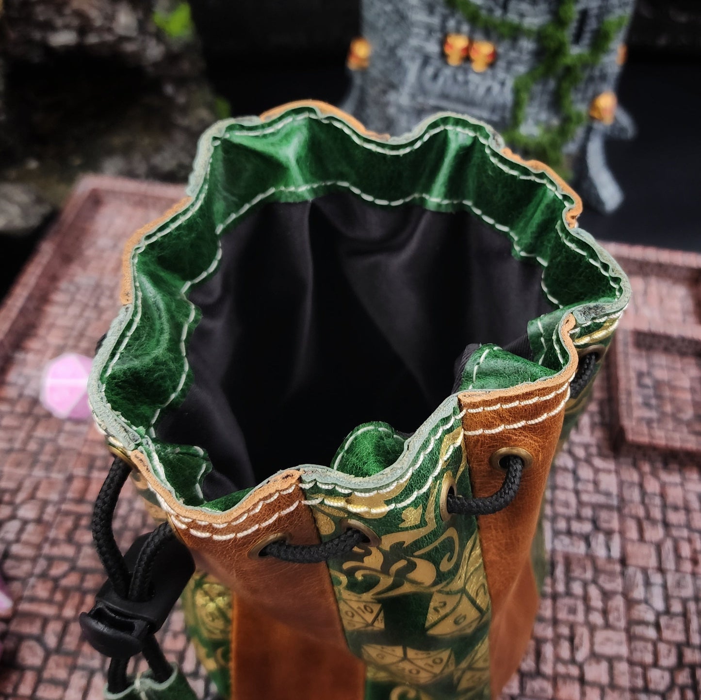 D20 Pattern Standing Round Leather Dice Bag for D&D and TTRPG