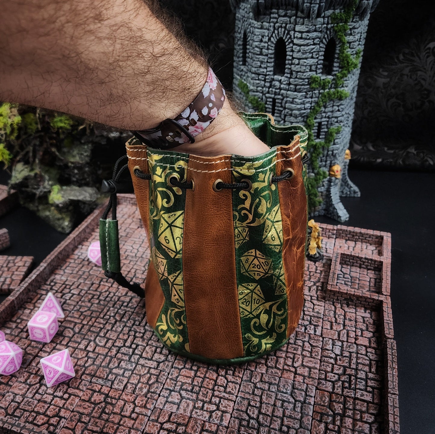 D20 Pattern Standing Round Leather Dice Bag for D&D and TTRPG