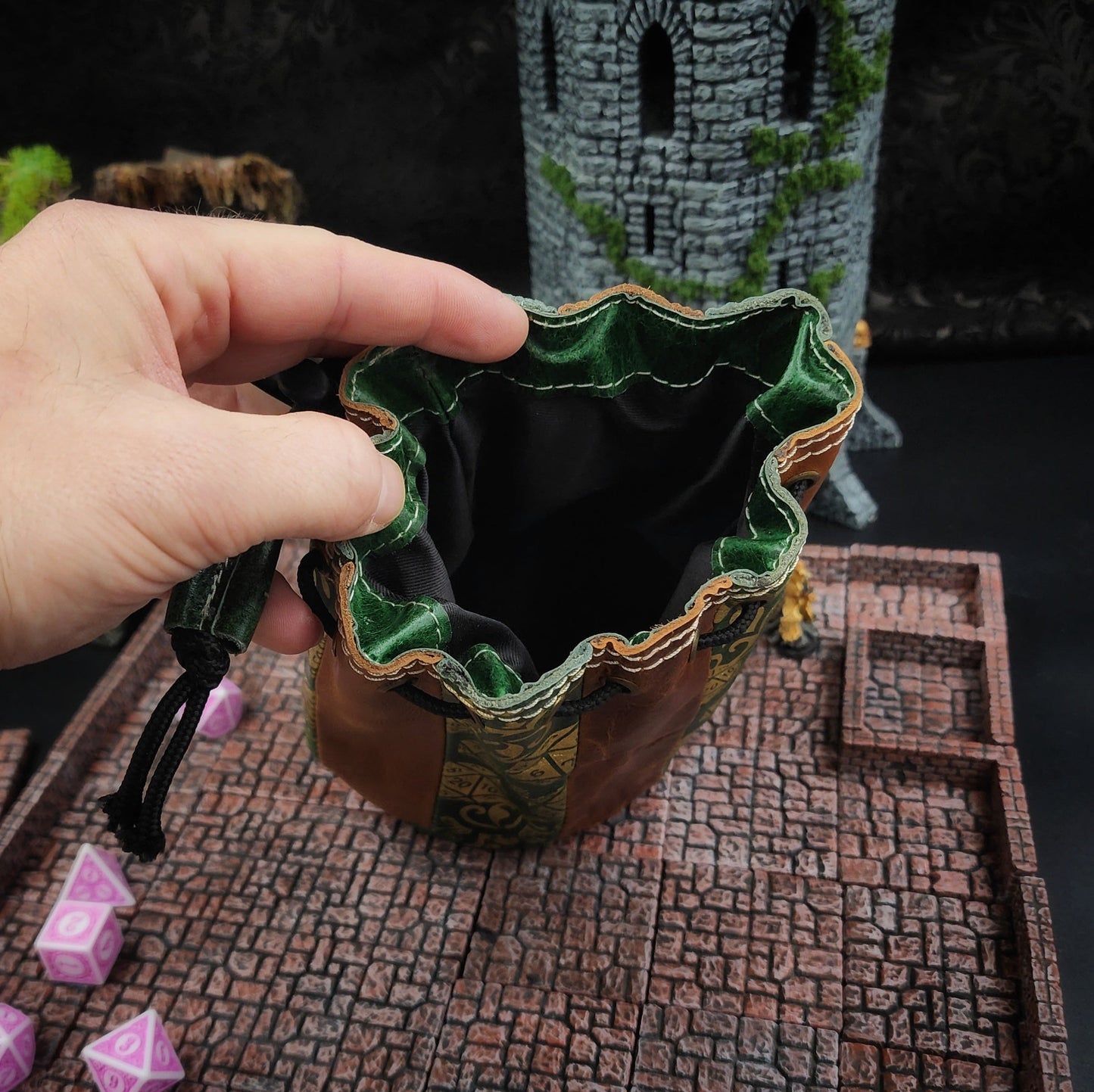 D20 Pattern Standing Round Leather Dice Bag for D&D and TTRPG