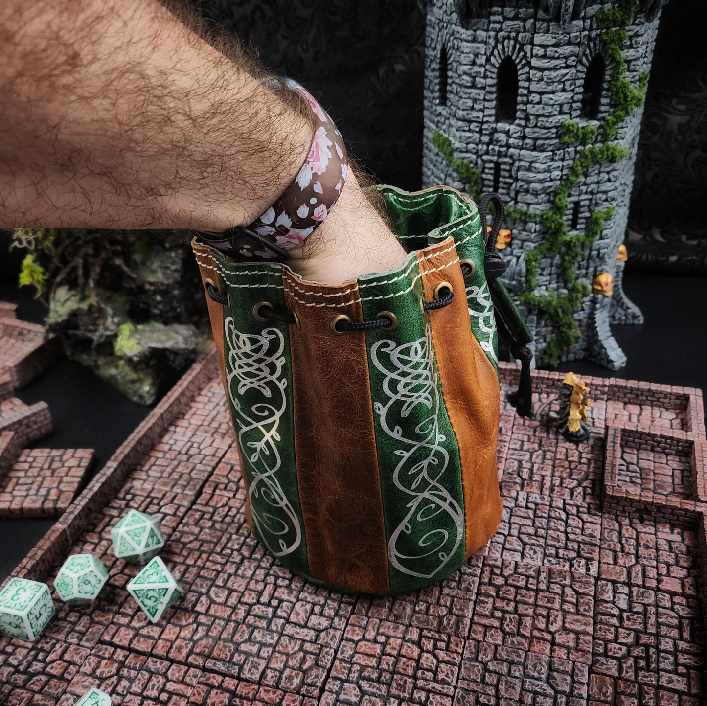 Elven Scrollwork Standing Round Leather Dice Bag for D&D and TTRPG