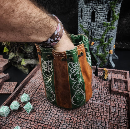 Elven Scrollwork Standing Round Leather Dice Bag for D&D and TTRPG