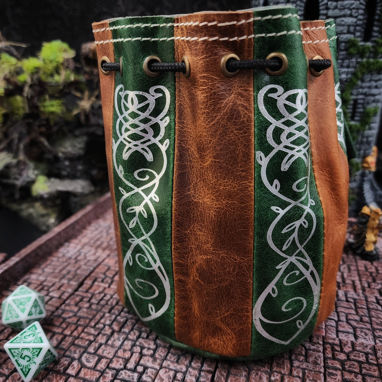 Elven Scrollwork Standing Round Leather Dice Bag for D&D and TTRPG