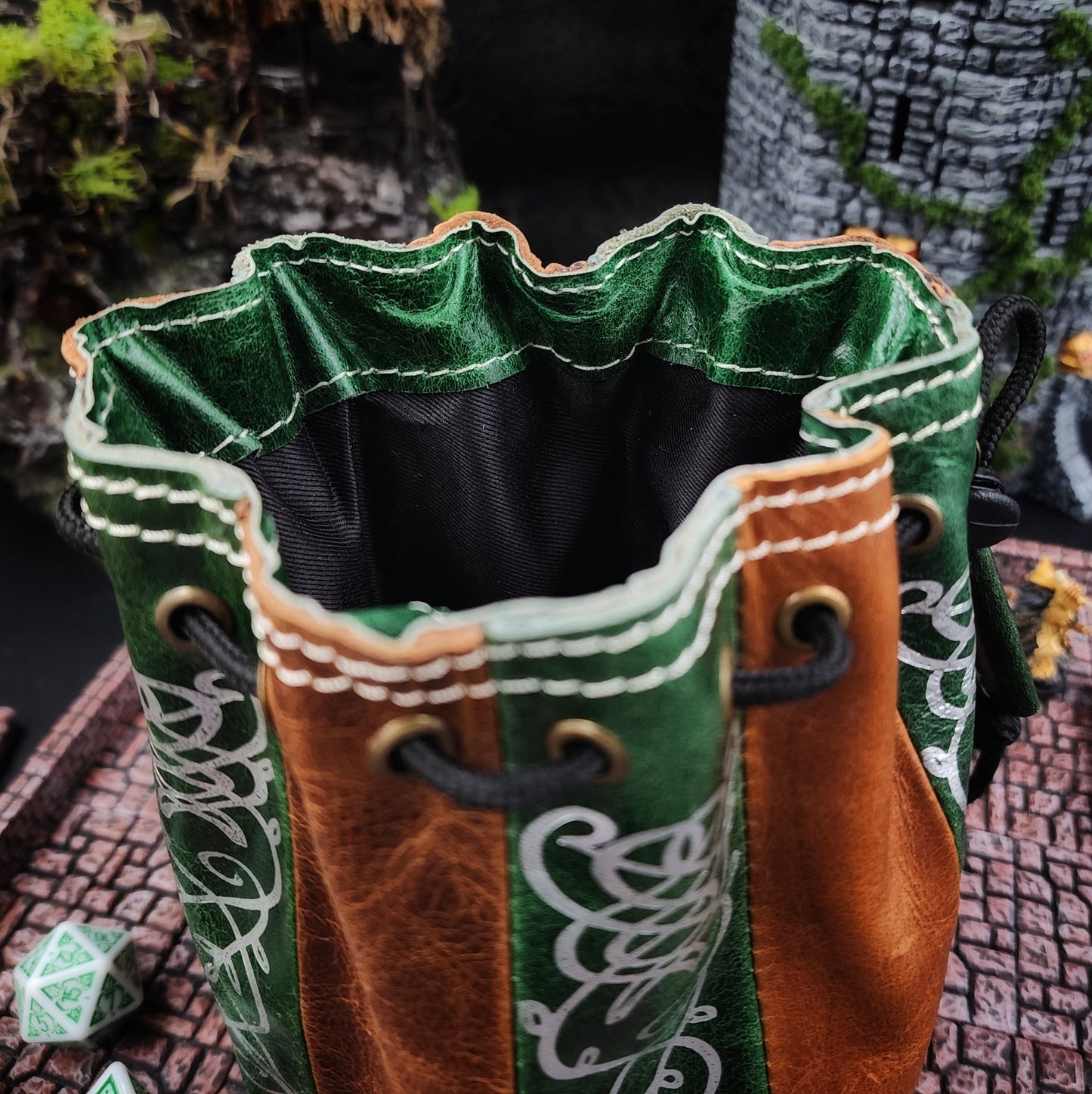 Elven Scrollwork Standing Round Leather Dice Bag for D&D and TTRPG