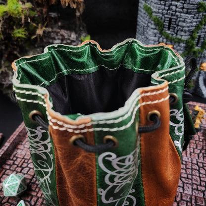 Elven Scrollwork Standing Round Leather Dice Bag for D&D and TTRPG