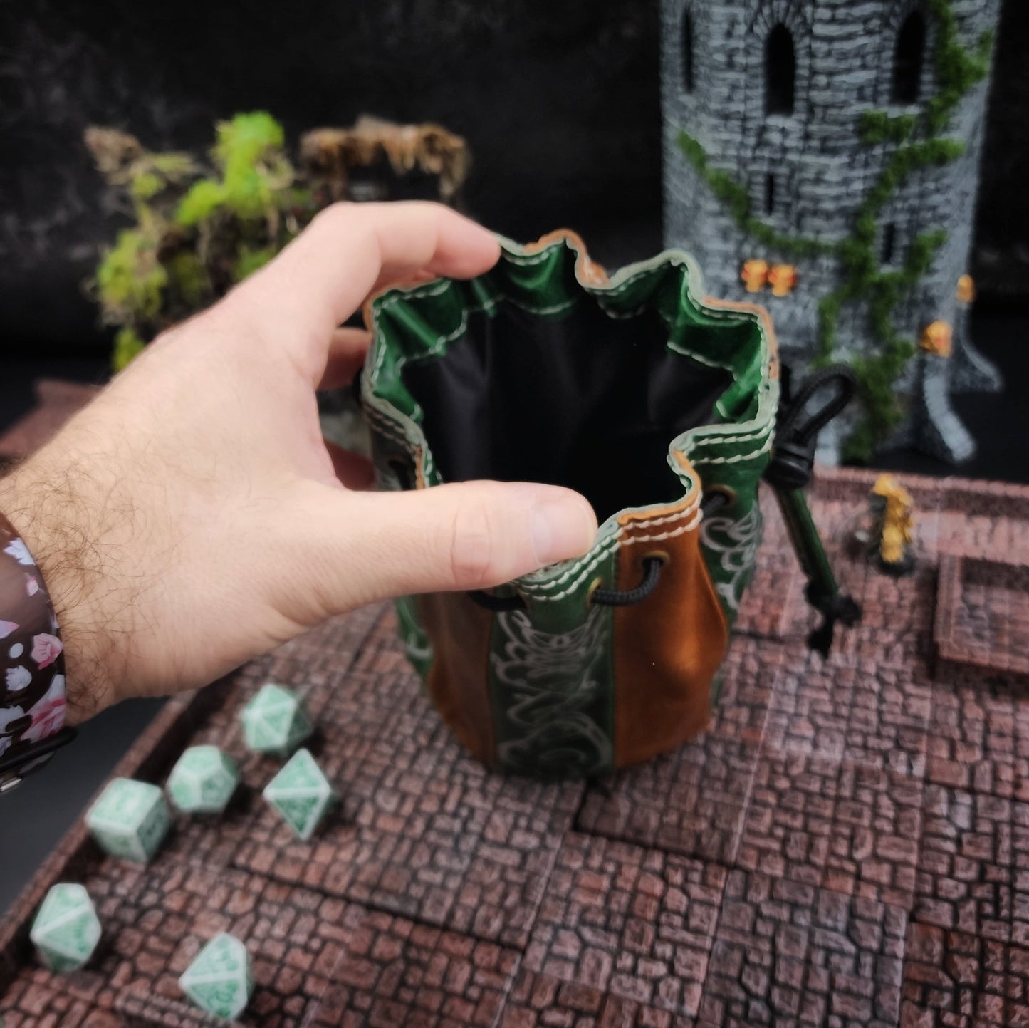 Elven Scrollwork Standing Round Leather Dice Bag for D&D and TTRPG