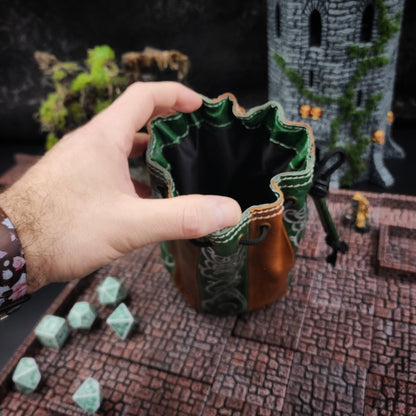 Elven Scrollwork Standing Round Leather Dice Bag for D&D and TTRPG