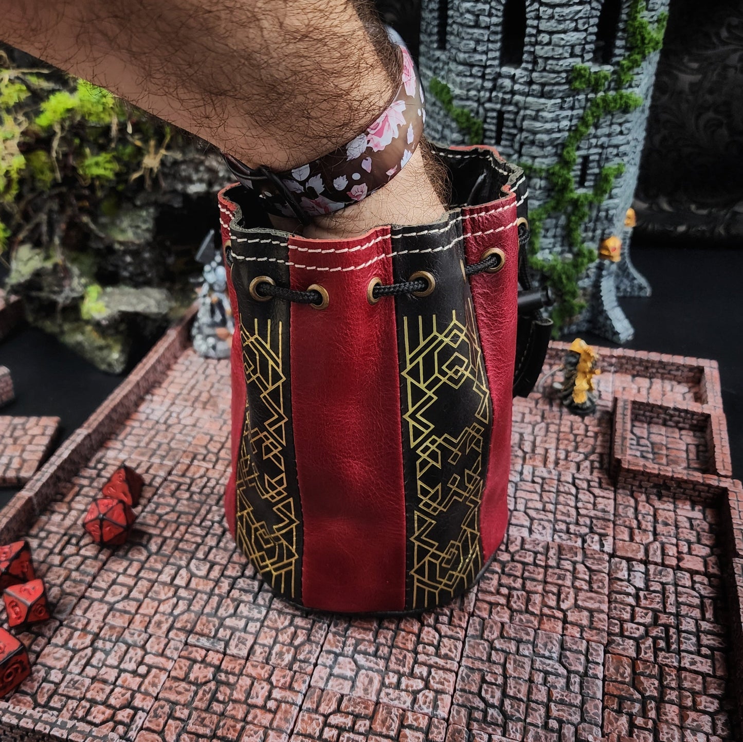 Dwarven Standing Round Leather Dice Bag for D&D and TTRPG
