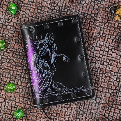 Custom handmade leather pocket journal with Acererak the Lich walking out of a wall design from Tomb of Horrors by Grimbeard Leather
