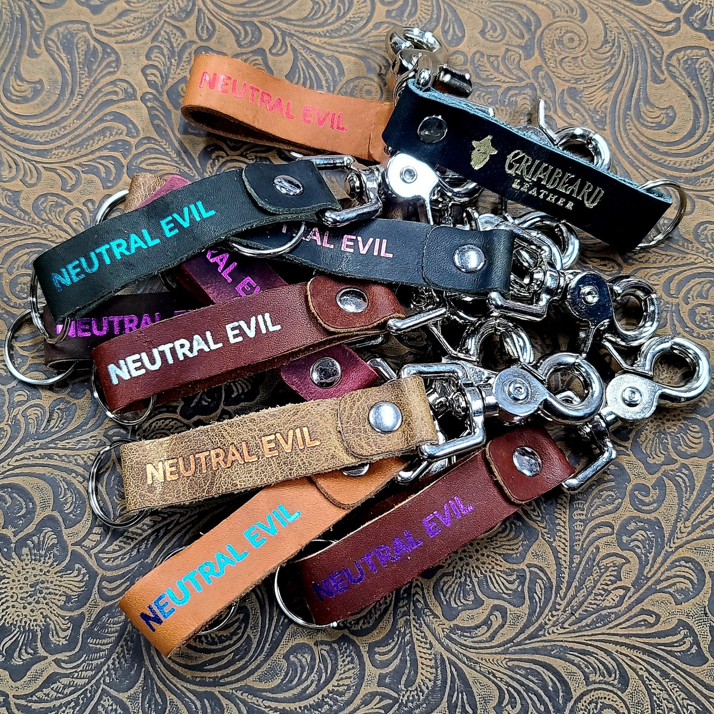 Grimbeard Leather Hand-Gilded TTRPG Alignment Chart Keychain