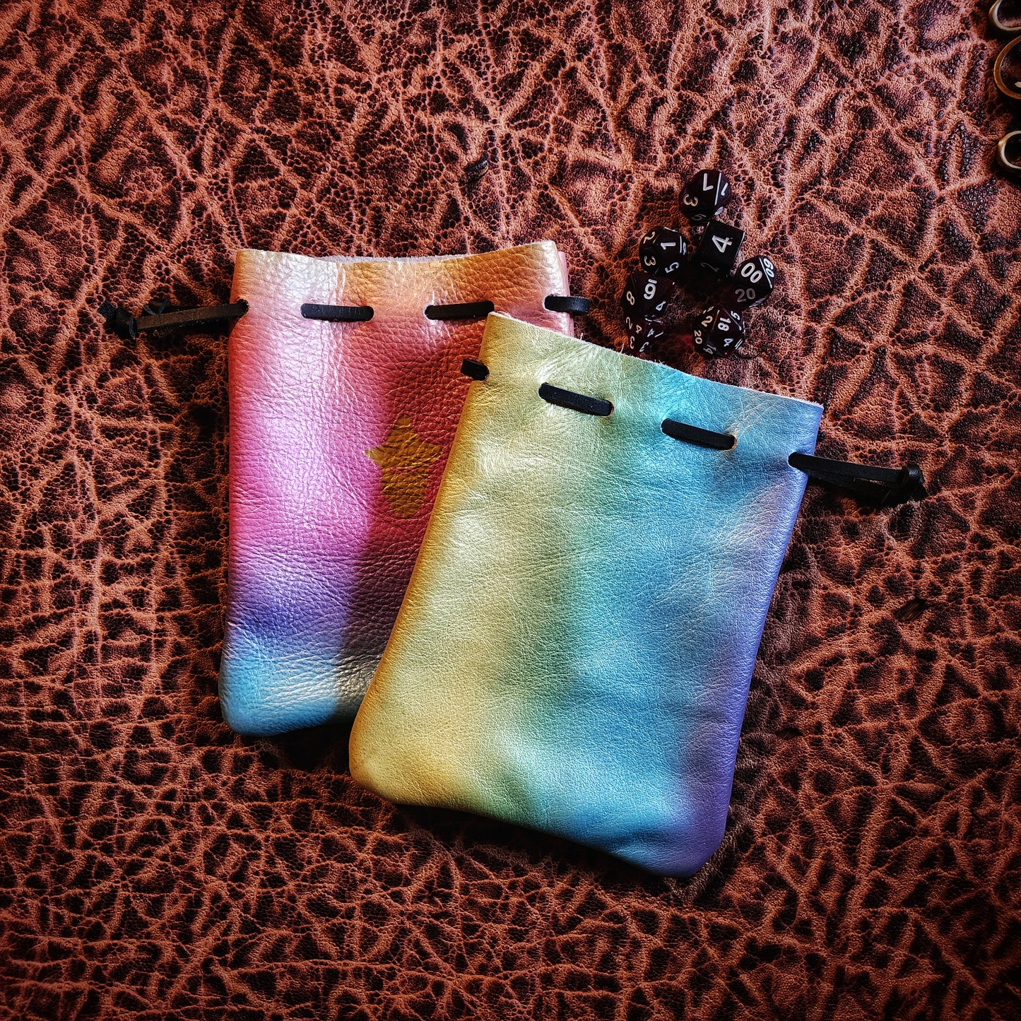 Handcrafted Metallic and Bright Leather Dice Bags (Medium)